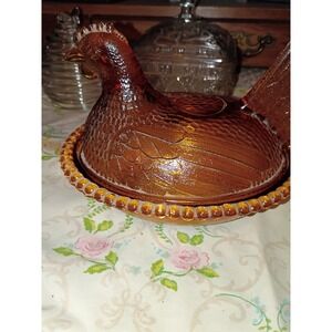 Indiana Glass Amber Hen On Nest Candy Dish Beaded Rim 7" Read Vintage